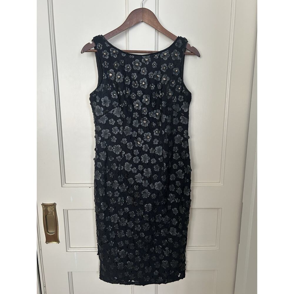 Adrianna Papell Floral Faux Leather Rhinestone Sheath Dress Womens Size 6 Black